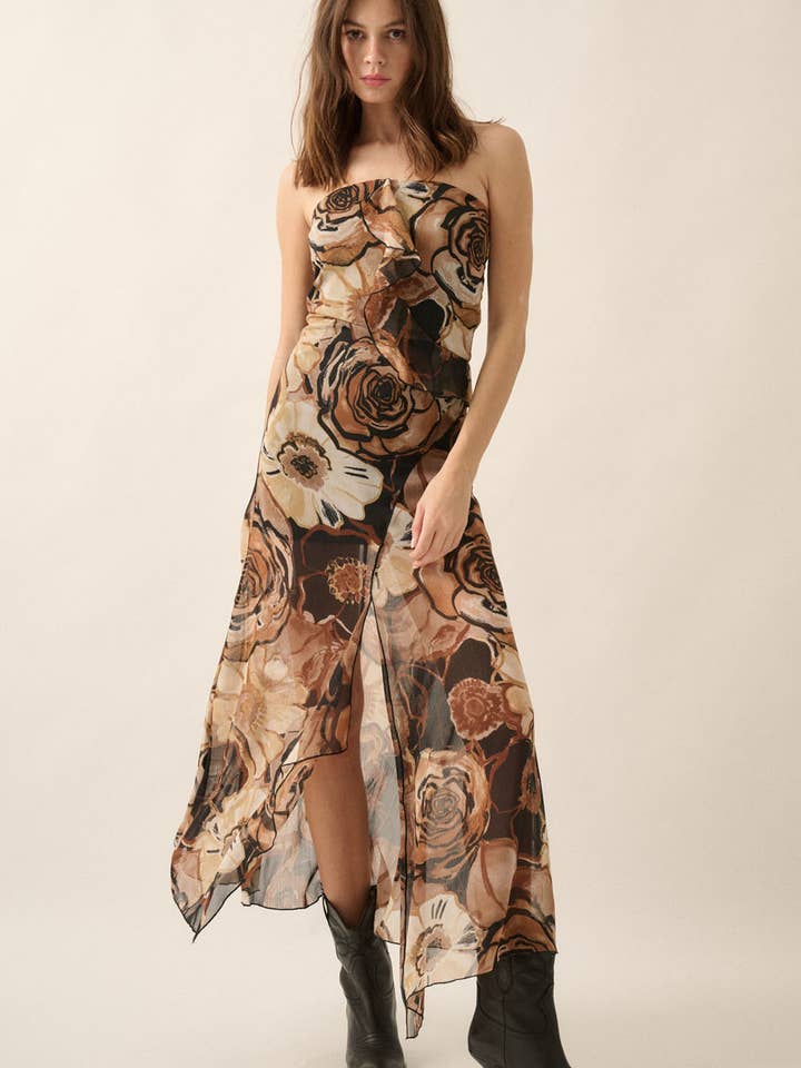 Vestido largo de gasa floral sin tirantes con volantes para venta al por mayor de Promesa USA