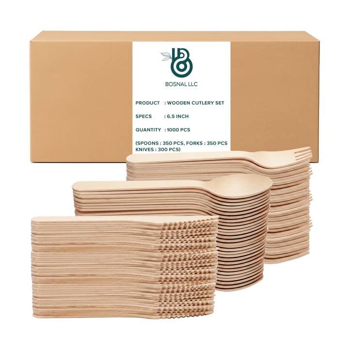BOSNAL Disposable Wooden Cutlery Combo Pack – Spoons, Forks & Knives – Case of 40 (1000 Pcs) for wholesale by Bosnal