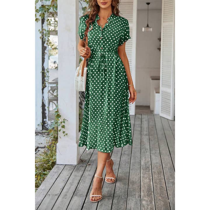 Polka Dot V Neck Button Belt Long Dress for wholesale by Supreme Fashion