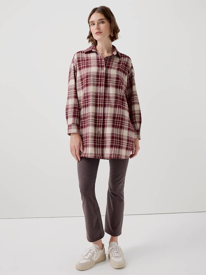 Pomegranate Plaid Women's Fireside Flannel Oversized Shirt for wholesale on Faire