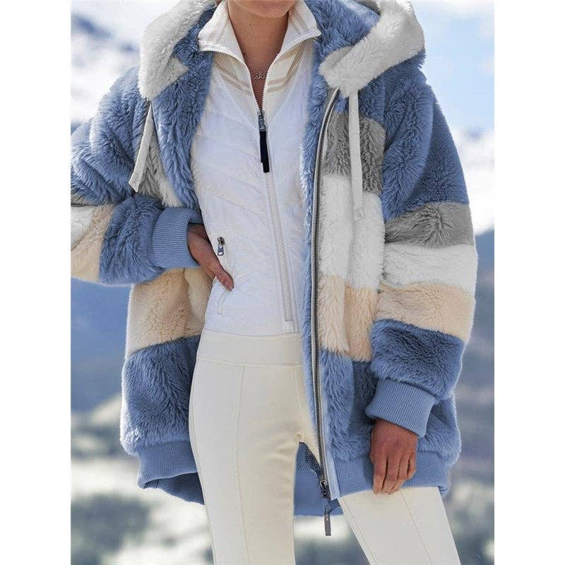 Ekartini - Vendita all'ingrosso Pelliccia/Pelliccia sintetica - Donna - Giacca invernale da donna alla moda in peluche patchwork con tasca con cerniera Giacca invernale con cappuccio Cappotto a maniche lunghe allentato retrò14