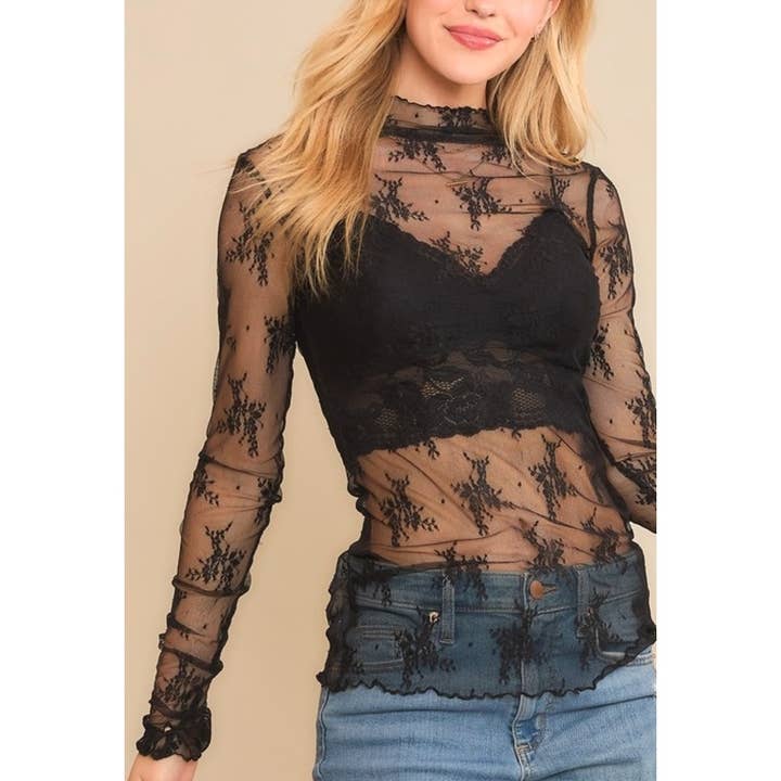 9602 LANGÄRMLIGES, TAILLIERTES TOP AUS MESH-SPITZE MIT STEHKRAGEN für den Großhandel von Coloring You