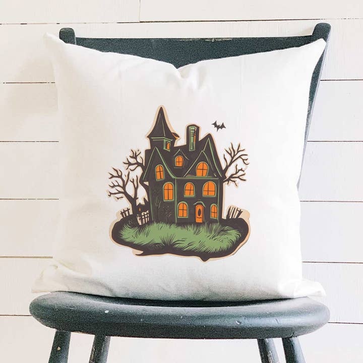 Retro Haunted House - Customizable Halloween Square Canvas Pillow for wholesale by Indigo Tangerine