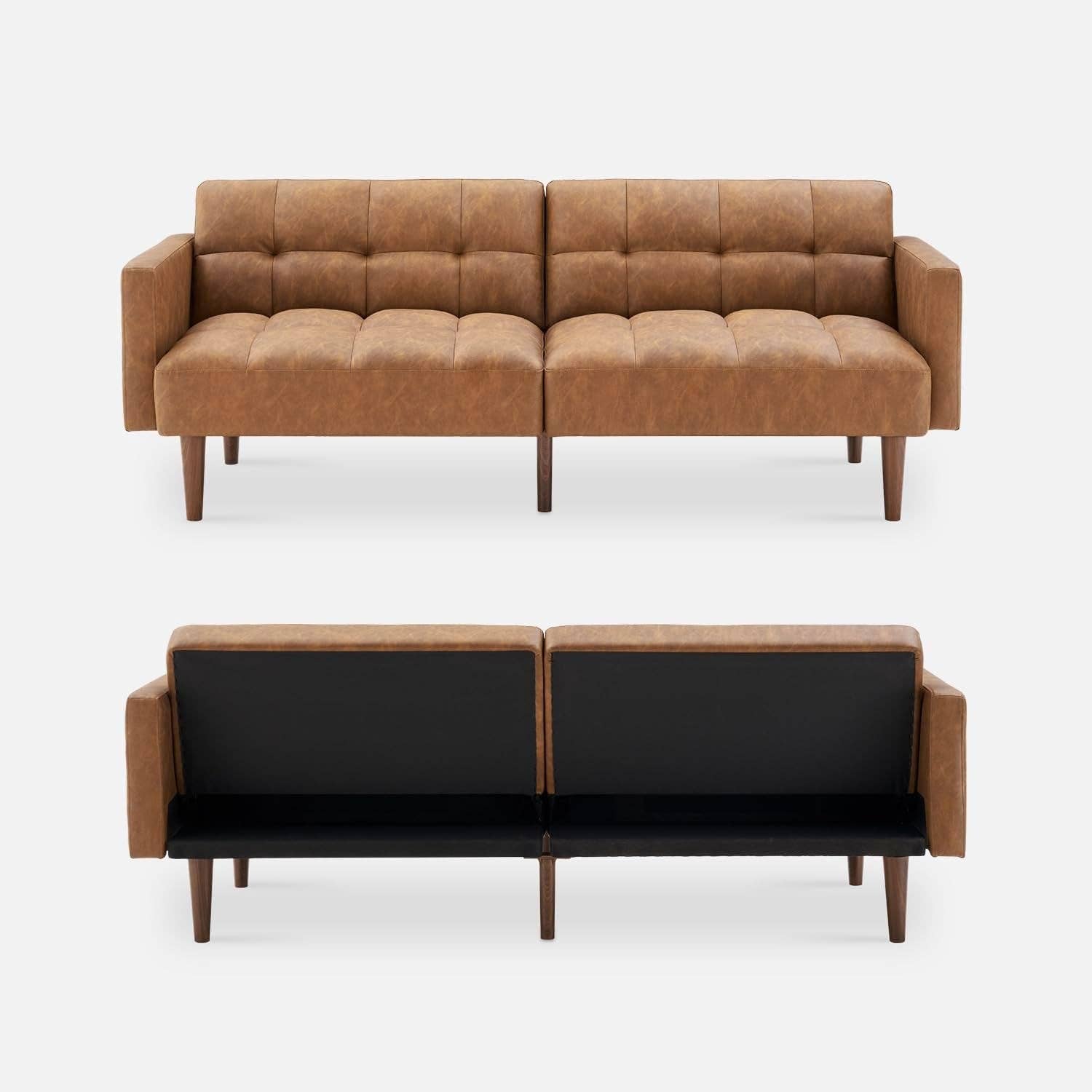 Pecan Brown Faux Leather Mid Century Modern Multi Functional Sofa Bed Futon for wholesale on Faire8