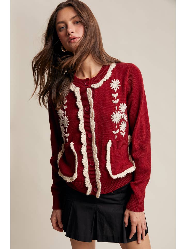 Crimson Daisy Embroidered Trim Cardigan Sweater LSW0989 for wholesale on Faire4