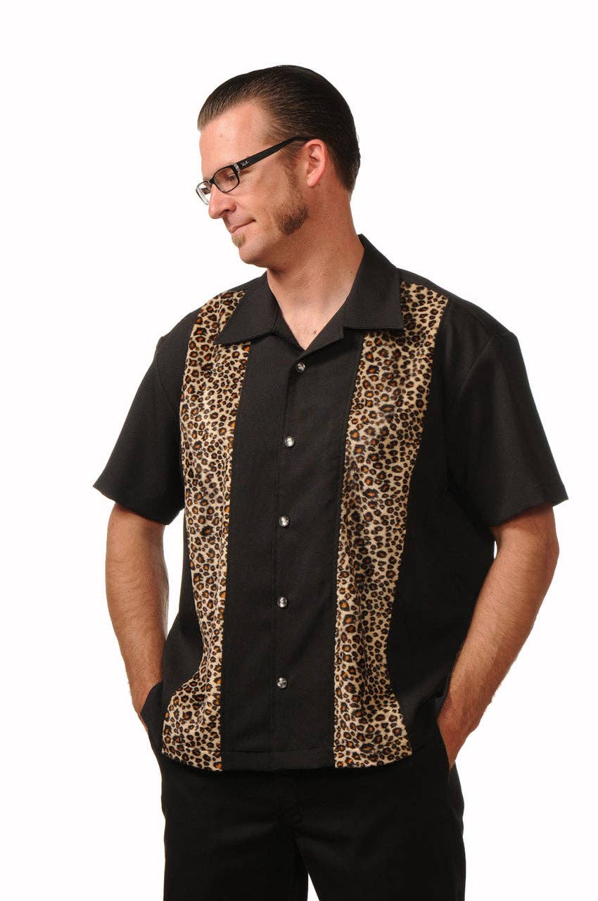 Steady Clothing - Wholesale Button Down Shirt - Men's - Leopard Panel Bowling Shirt in Black4