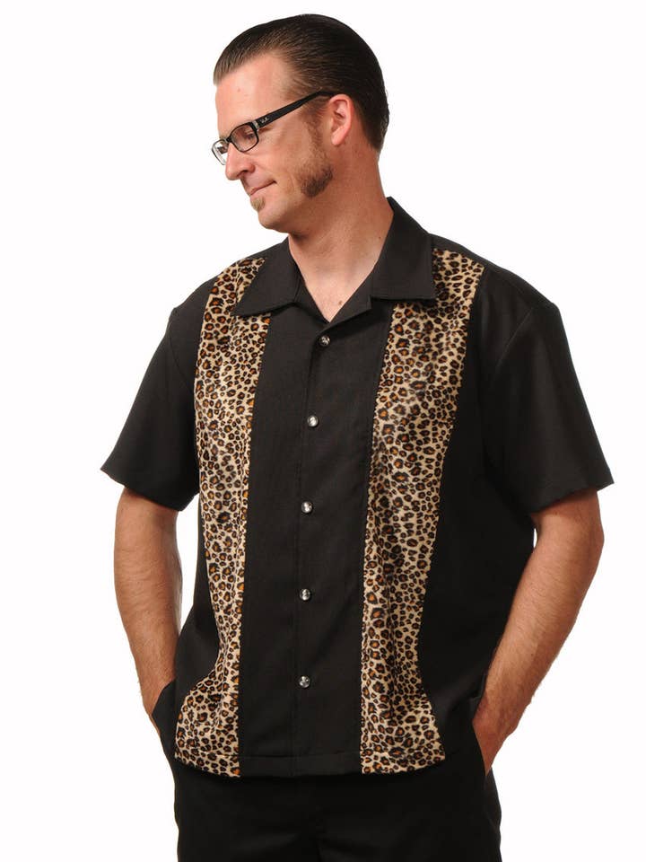 Steady Clothing - Wholesale Button Down Shirt - Men's - Leopard Panel Bowling Shirt in Black4