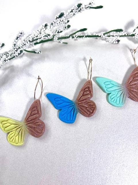 Polymer Clay Ombre Butterfly Hoops, Butterfly Earrings, Clay Spring Butterflies, Hoop Earrings, Mint Green, Blue, Yellow Earrings, Light for wholesale by Miles and Milo Polymer Clay Collection