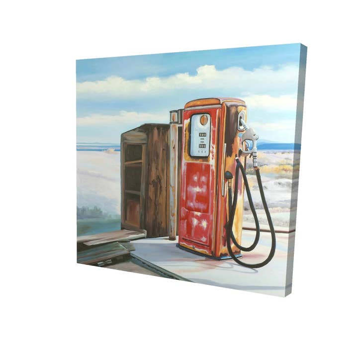 Röd Gammal bensinpump | konsttryck på duk 48 ”x 48" för wholesale på Faire