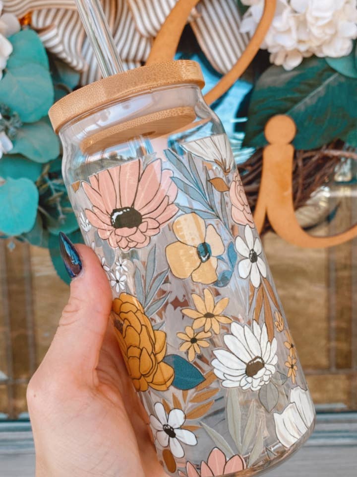 20 oz Glass Can - Floral Cup, Libbey Glass for wholesale by Laila M and Co