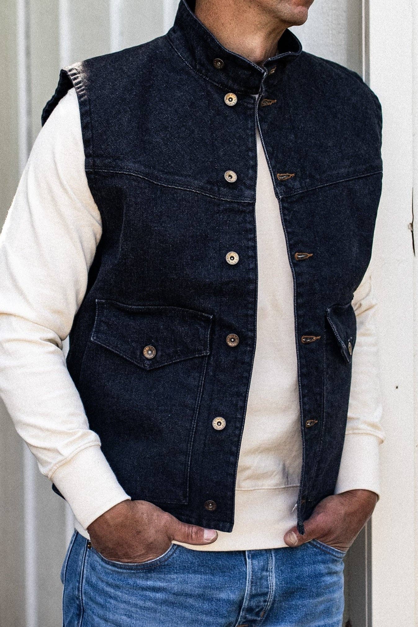 James Vest | Black 14oz Broken Twill Denim for wholesale on Faire4