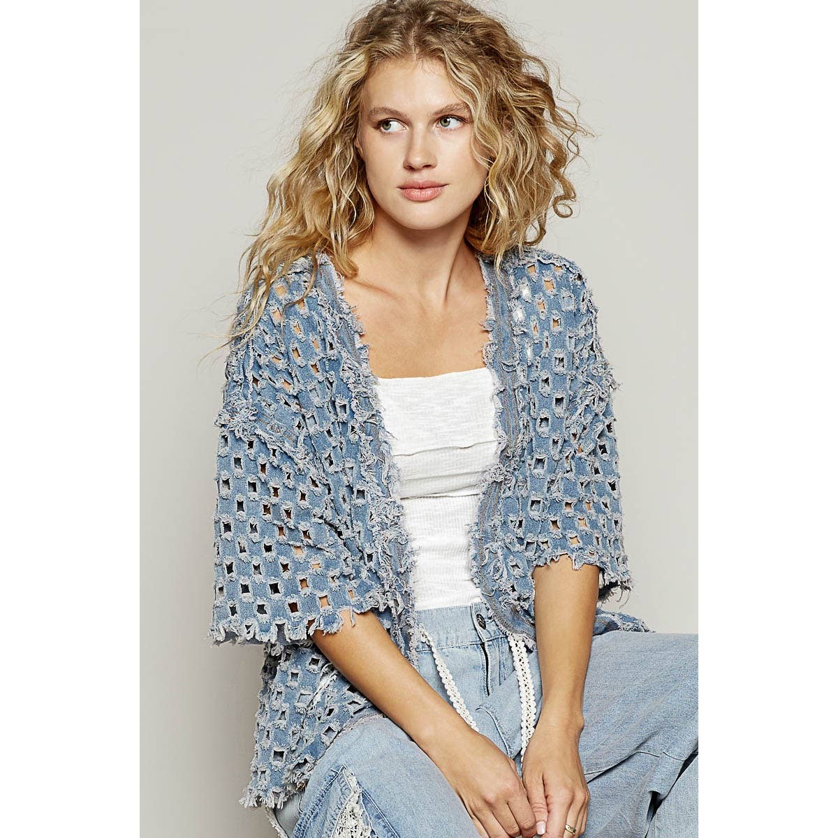 Pol Clothing - Wholesale Cardigan - Women's - Short sleeve open knitted woven open cardigan