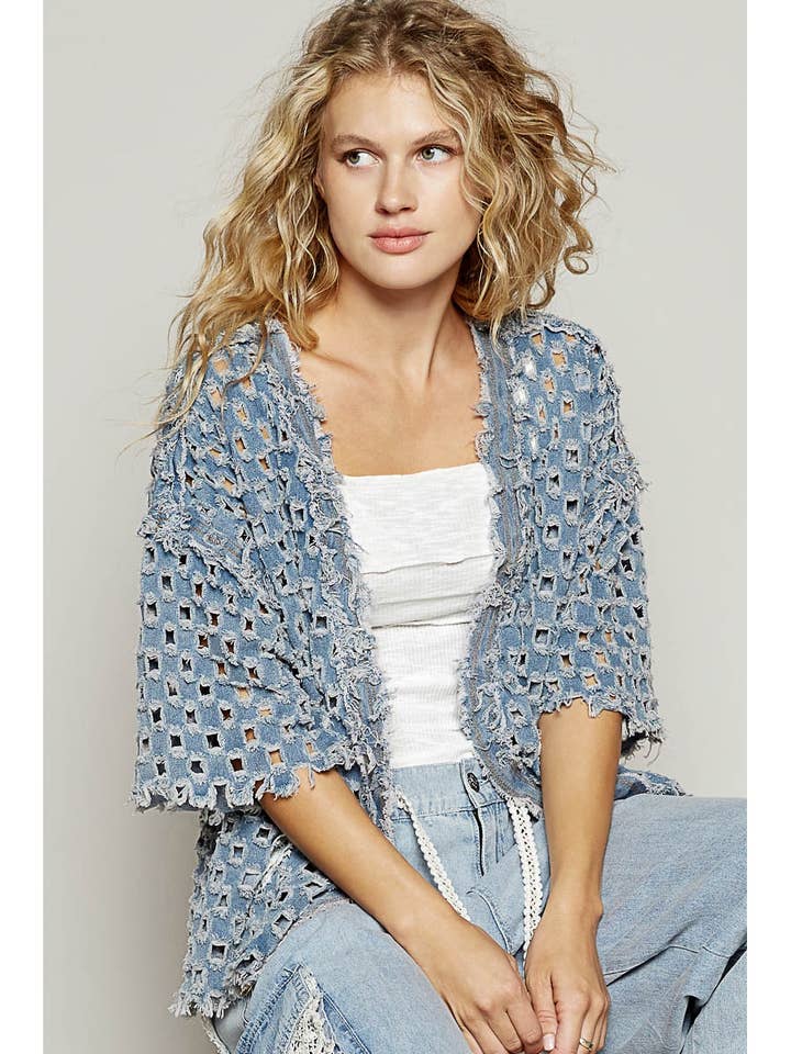 Short sleeve open knitted woven open cardigan for wholesale by Pol Clothing