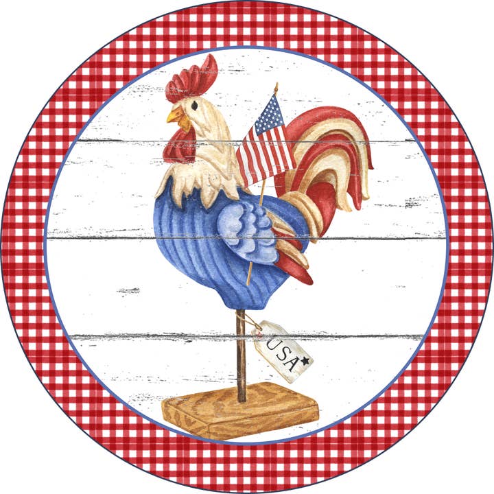 Rooster Sign, Patriotic Sign, 18" Wood Round Sign DECOE-254 for wholesale by DecoExchange