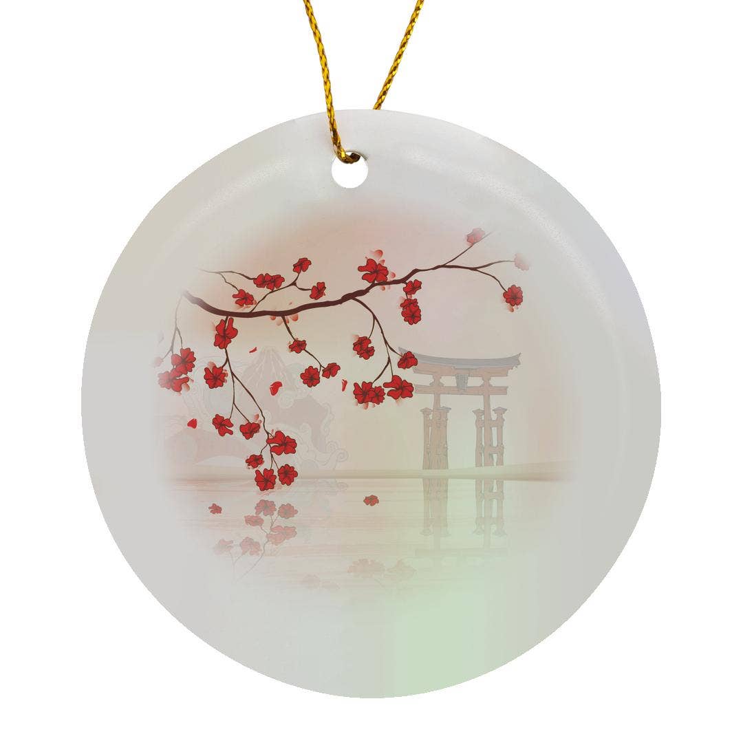 3dRose - Wholesale Ornament - 3dRose, Beautiful Japanese Sakura Red Cherry Blossoms Branching Reflecting Over Water, Ornament0