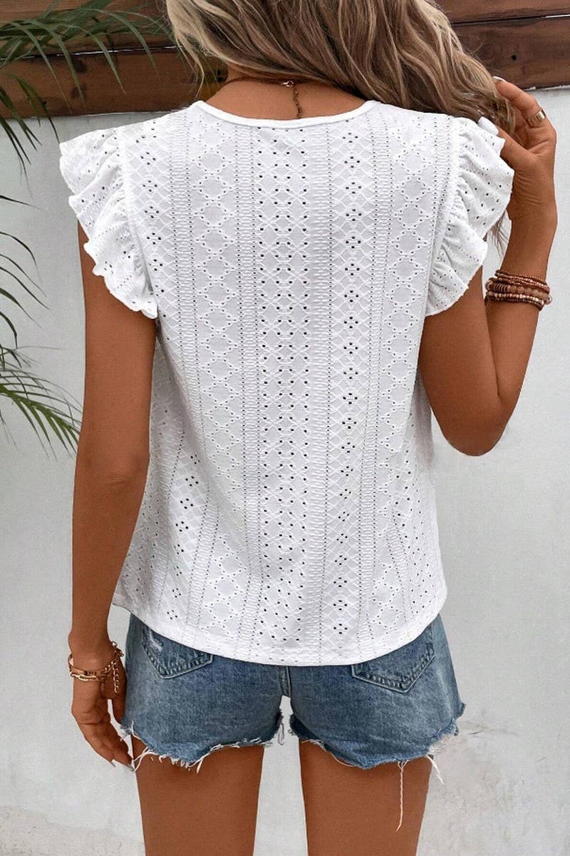 NINEXIS - Wholesale Blouse - Women's - CWTBLS0605_ ROUND NECK LACE RUFFLE SHORT SLEEVE BLOUSE TOP19