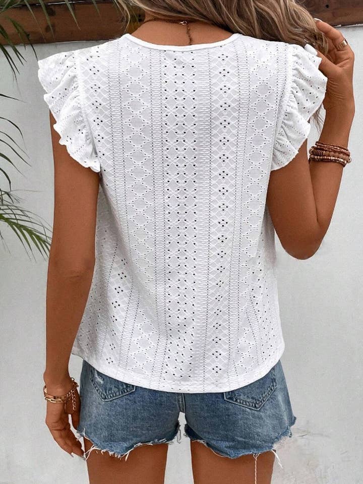 NINEXIS - Wholesale Blouse - Women's - CWTBLS0605_ ROUND NECK LACE RUFFLE SHORT SLEEVE BLOUSE TOP19