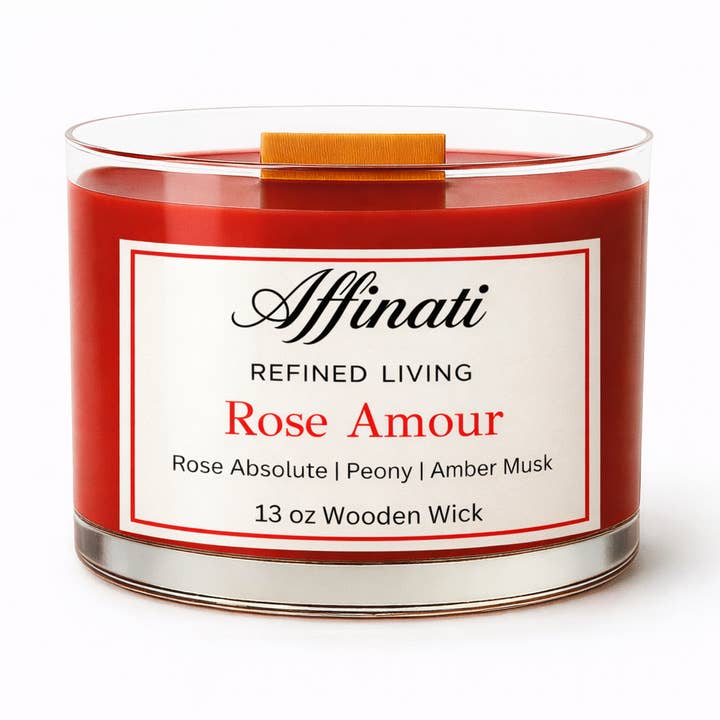 Vela com Pavio de Madeira Rose Amour – Luxo 13 oz Mistura de Soja | Affinati por atacado de Affinati