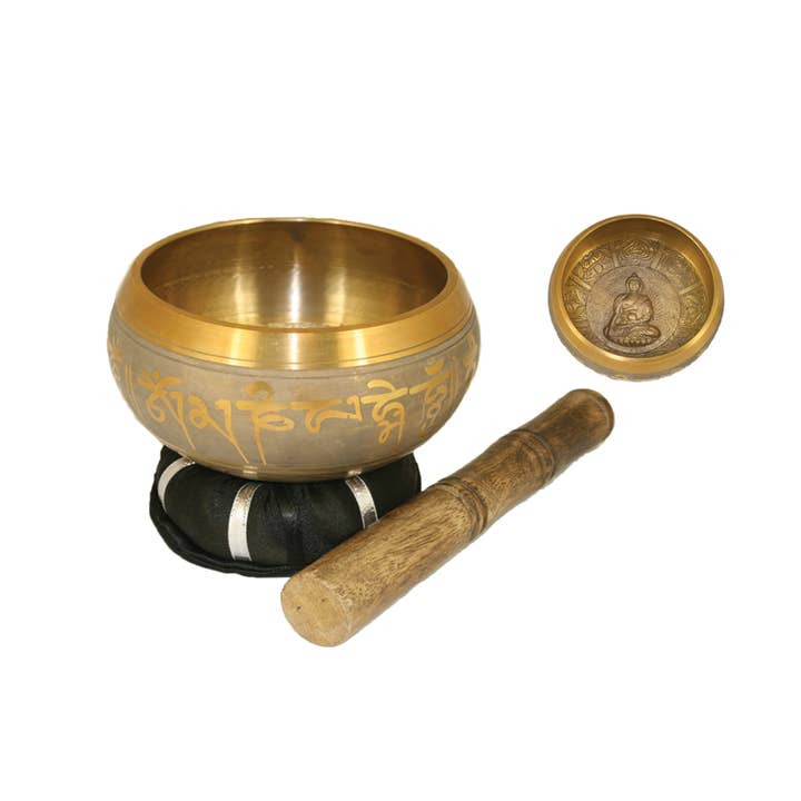 Tibetan Singing Bowl w/ Cushion & Stick - Large Gold Buddha for wholesale by Designs by Deekay Inc.