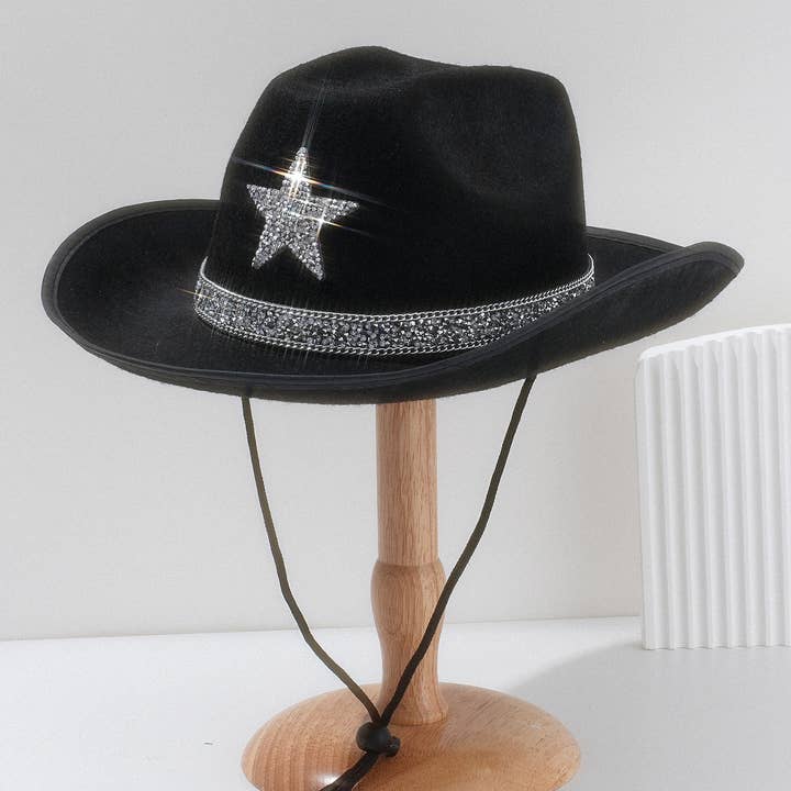 Shimmering Star Festival Cowboy Hat in Black WA221 for wholesale by PEACH ACCESSORIES