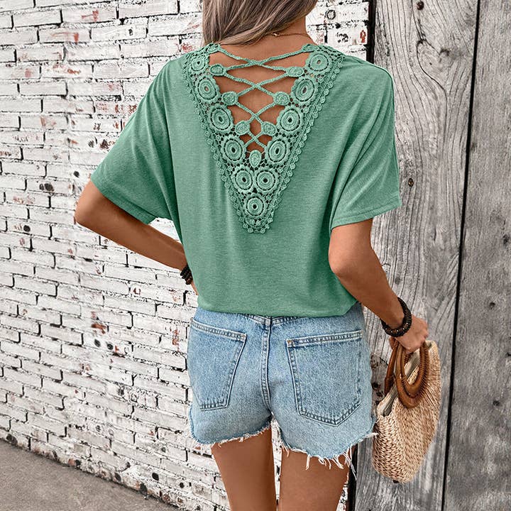Green Pearl Embellished Crew Neck Short Sleeve Casual T-Shirt for wholesale on Faire