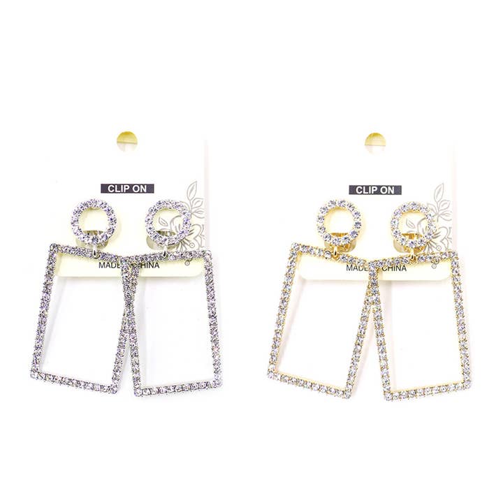 Sensibling Corp. - Wholesale Clip-On Earrings - 12Pairs - Rhinestone Rectangle Link Dangle Clip on Earrings