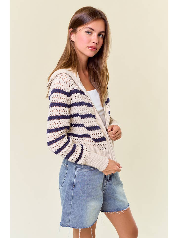 HAFER Gestreifte Pointelle-Pulloverjacke mit Reißverschluss und offener Strickjacke - 10615J-1 für den Großhandel auf Faire3