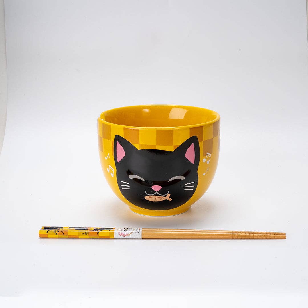 Urban Tokyo - Wholesale Bowl - 18oz 5"D Donburi Bowl With Chopsticks Set Neko Friends Yellow (4/16)1