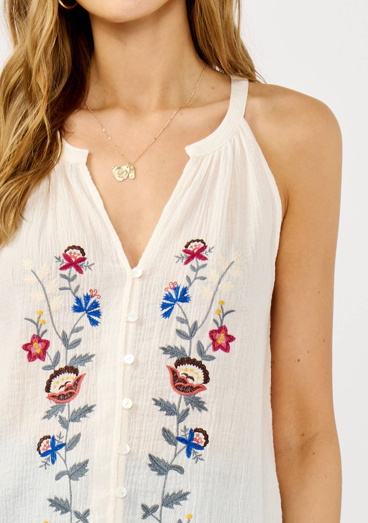 Natural Wine Embroidered Halter Neck Button-Down Tank for wholesale on Faire3