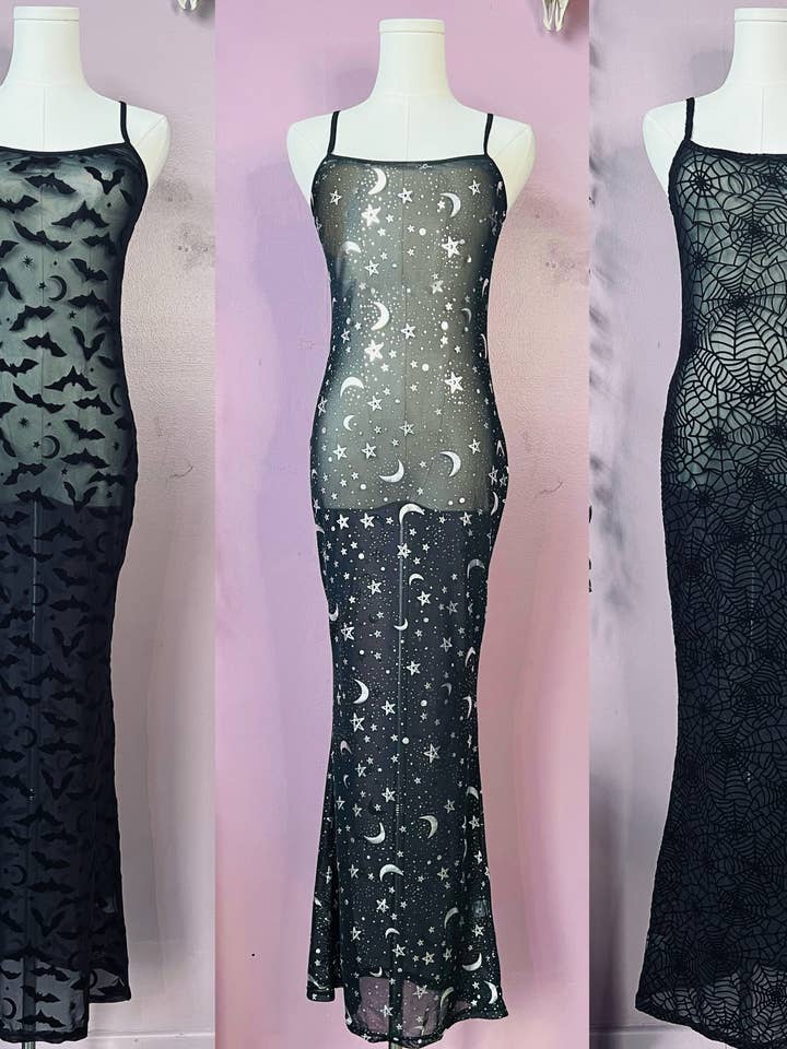 Witchwood Bags - Wholesale Dress - Women's - Sheer Hourglass Maxi Dress - Velvet Flocked Bats - RTS4