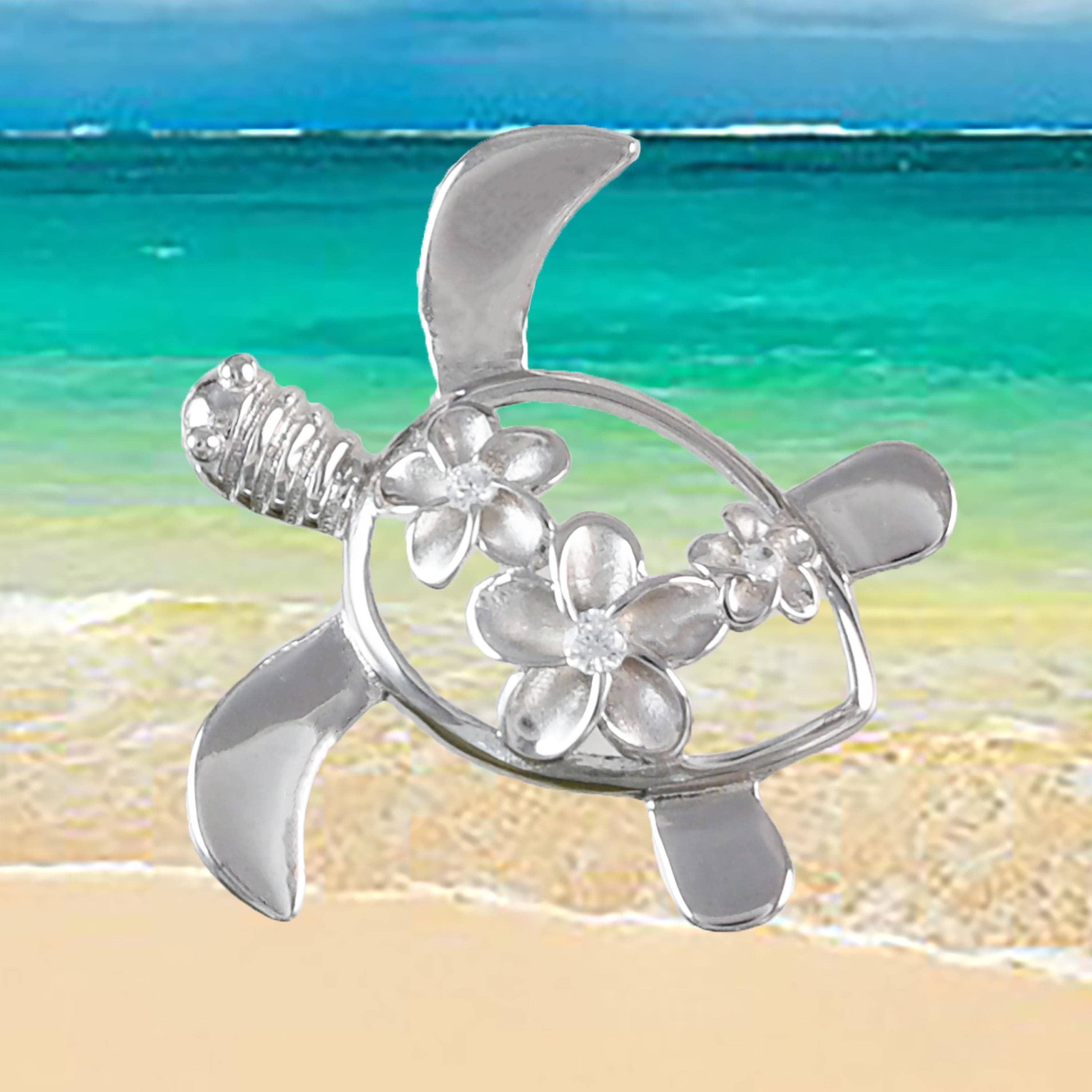 Paradise Treasures Jewelry – wholesale Individual charm/pendant – Hawaiian Sea Turtle 3 Plumeria Pendant, Sterling Silver Turtle 3 Plumeria CZ Pendant, Hawaiian Jewelry, Christmas Mom Birthday Gift