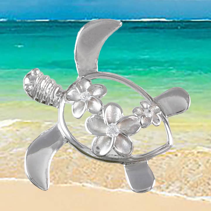 Hawaiian Sea Turtle 3 Plumeria Pendant, Sterling Silver Turtle 3 Plumeria CZ Pendant, Hawaiian Jewelry, Christmas Mom Birthday Gift for wholesale by Paradise Treasures Jewelry
