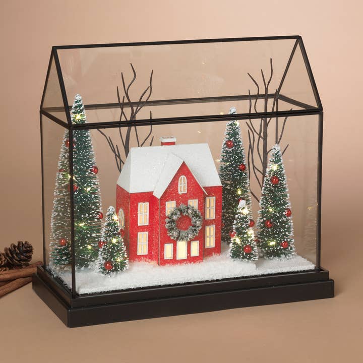 Gerson Christmas 12.75"L B/O Lighted Holiday Glass House w/ for wholesale by The Gerson Companies