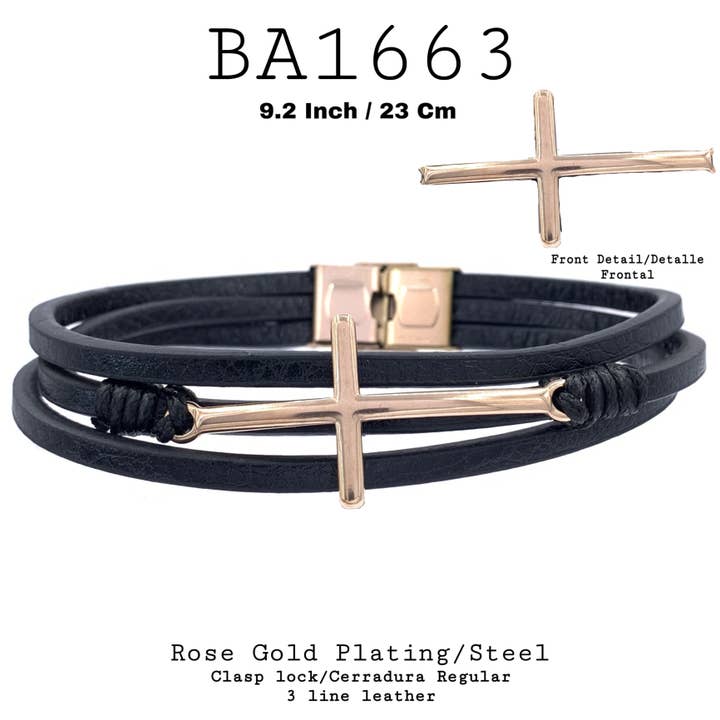 Schwarzes Kunstleder-Armband aus Edelstahl mit Kreuz für den Großhandel von Nisso & Co. NYC Jewelry Wholesale