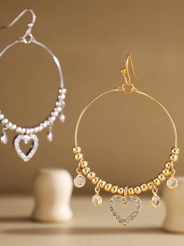 Wire Circle Earrings with Pave Heart Accents for wholesale by Urbanista