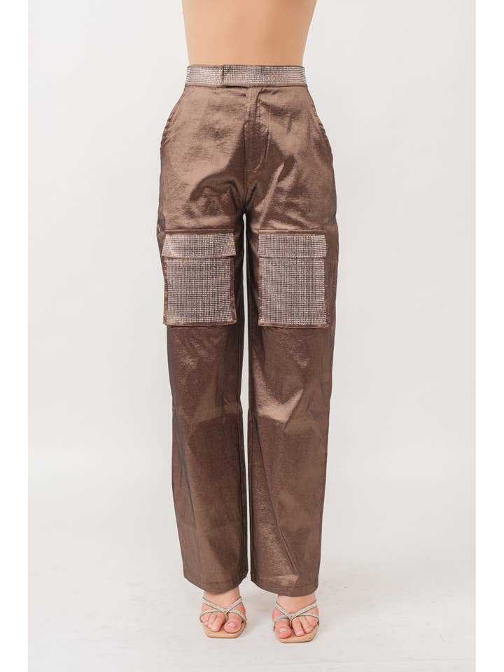 KIWI – Calças - Mulher por atacado – Calças Cargo Metálicas com Strass IP28909