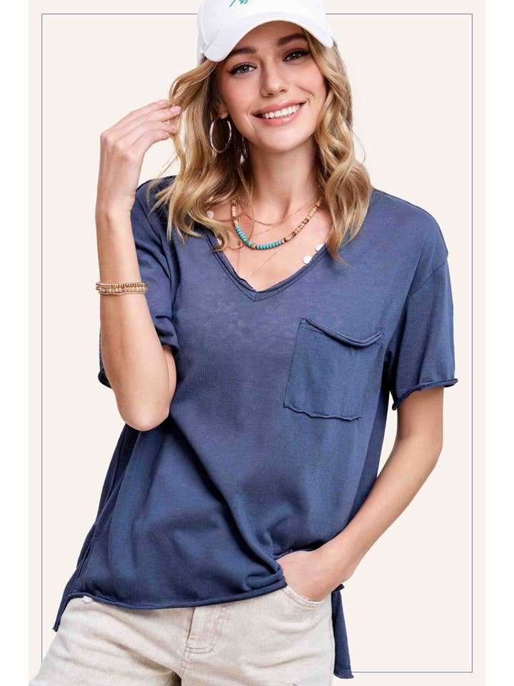 La Miel - Wholesale T-shirt – women's - JAT7459-V-neck Front Pocket Breathable Short Sleeve Top6