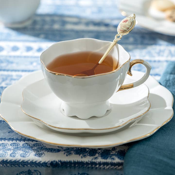 White Gold Scallop 7.5oz Fine Porcelain Tea Cup and Saucer for wholesale by Grace Teaware