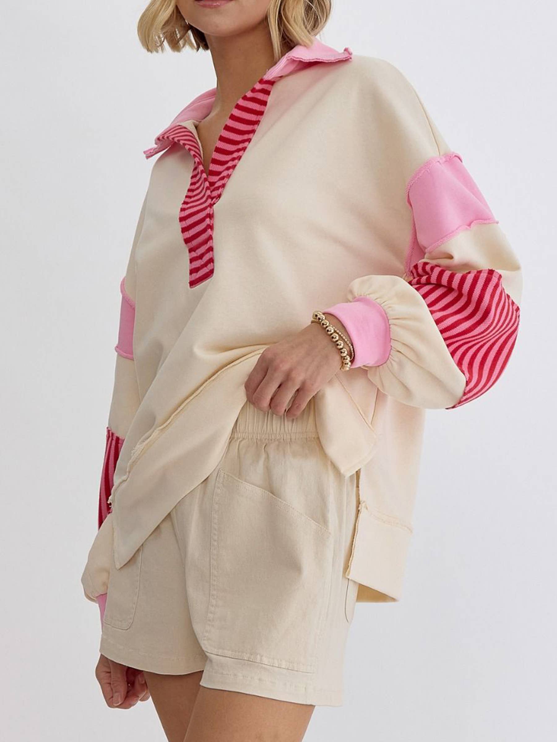 Wholesalesir - Wholesale Sweatshirt - Women's - Polo Collar Striped Contrasting Patchwork Top5