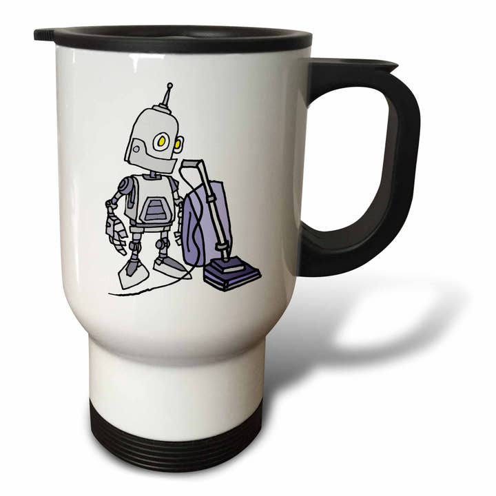 3dRose, Süßer lustiger Roboter mit Staubsaugertechnologie KI Cartoon, Reisebecher für den Großhandel von 3dRose