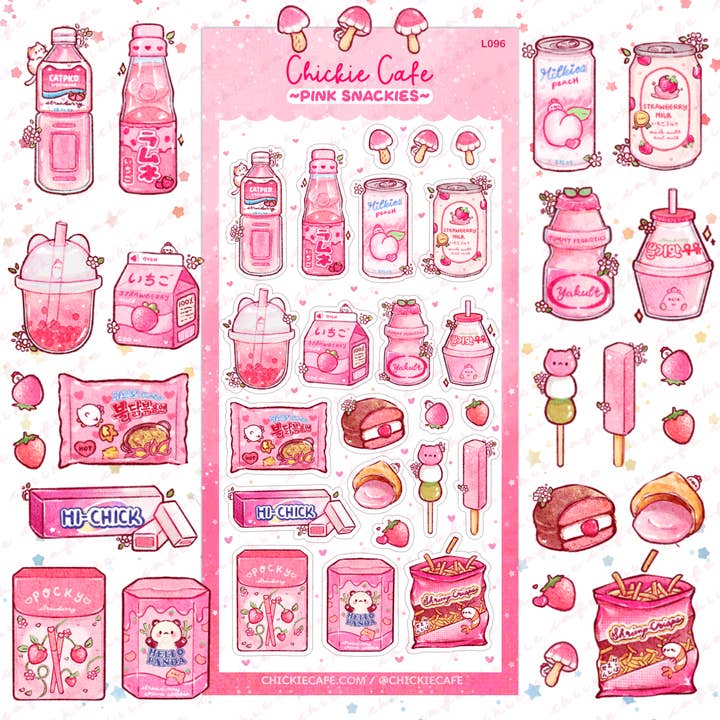 Pink Snackies Sticker Sheet for wholesale by Chickie Cafe