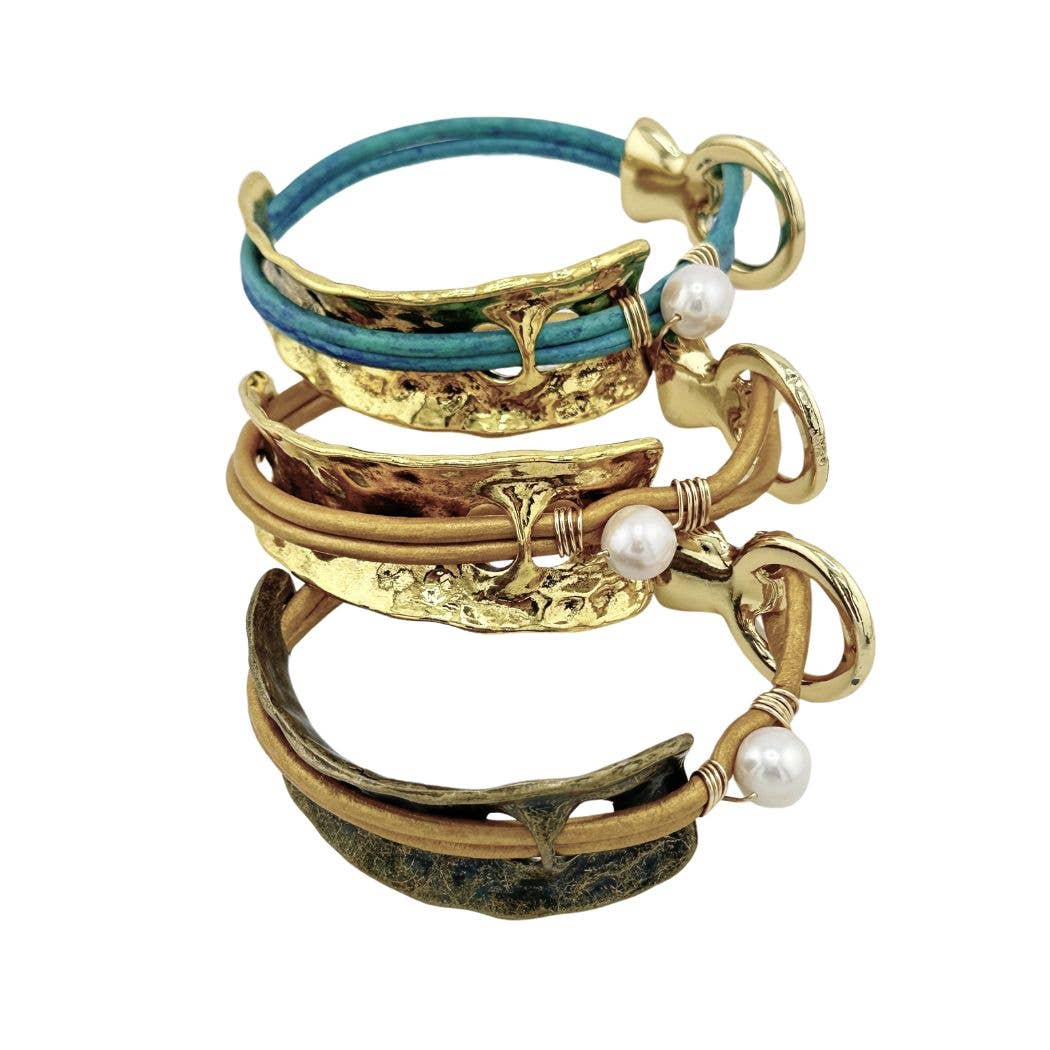 Beauty In Stone Jewelry - Wholesale Bangle Bracelet - Curved Cuff Bracelet With Leather & Pearl 9