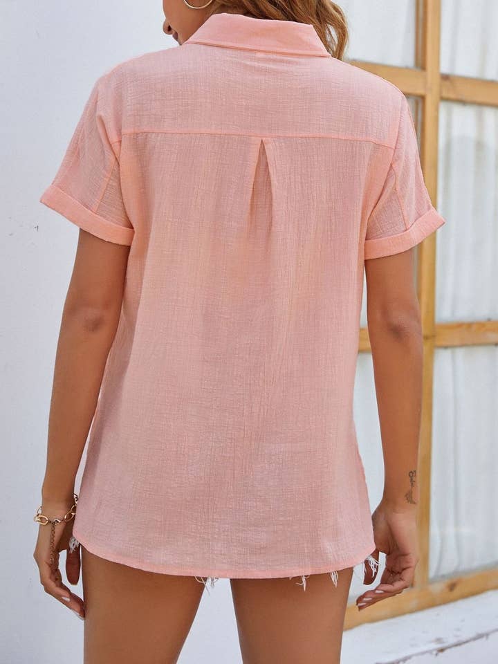 Rosa Clothing - Wholesale Button Down Shirt - Women's - Button-Lapel Pocket Slit Short-Sleeved Shirt5