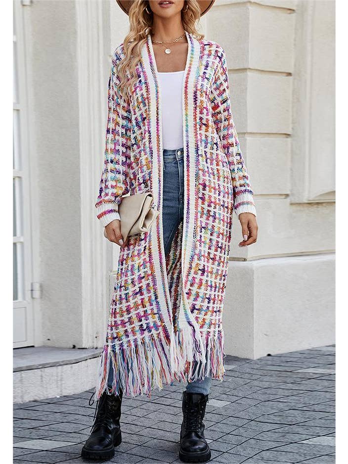 Rosa Clothing - Wholesale Cardigan - Women's - Fringed colorful long knit cardigan