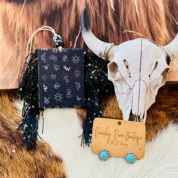 Ranchy Roan Boutique – wholesale Car Freshener - Women’s – Western Cattle Brand Fringe Freshie | Black & White Air Freshener Wholesale1