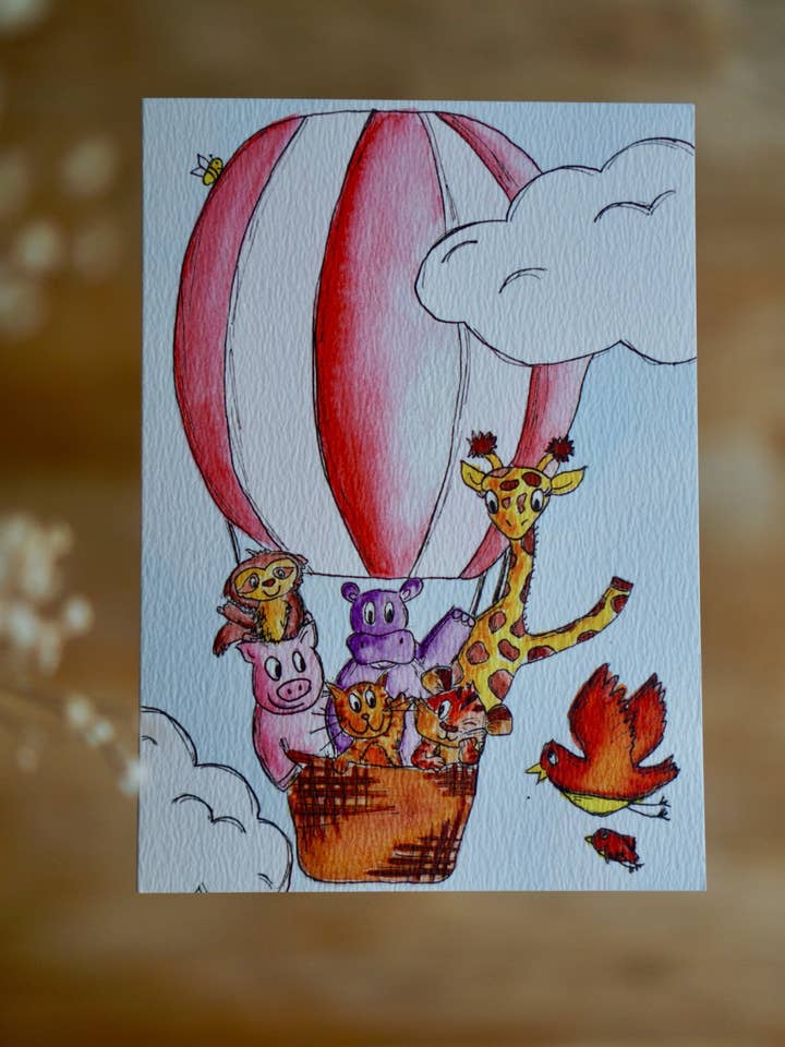 Animal hot air balloon card - blank card for wholesale by Bowlt Studios
