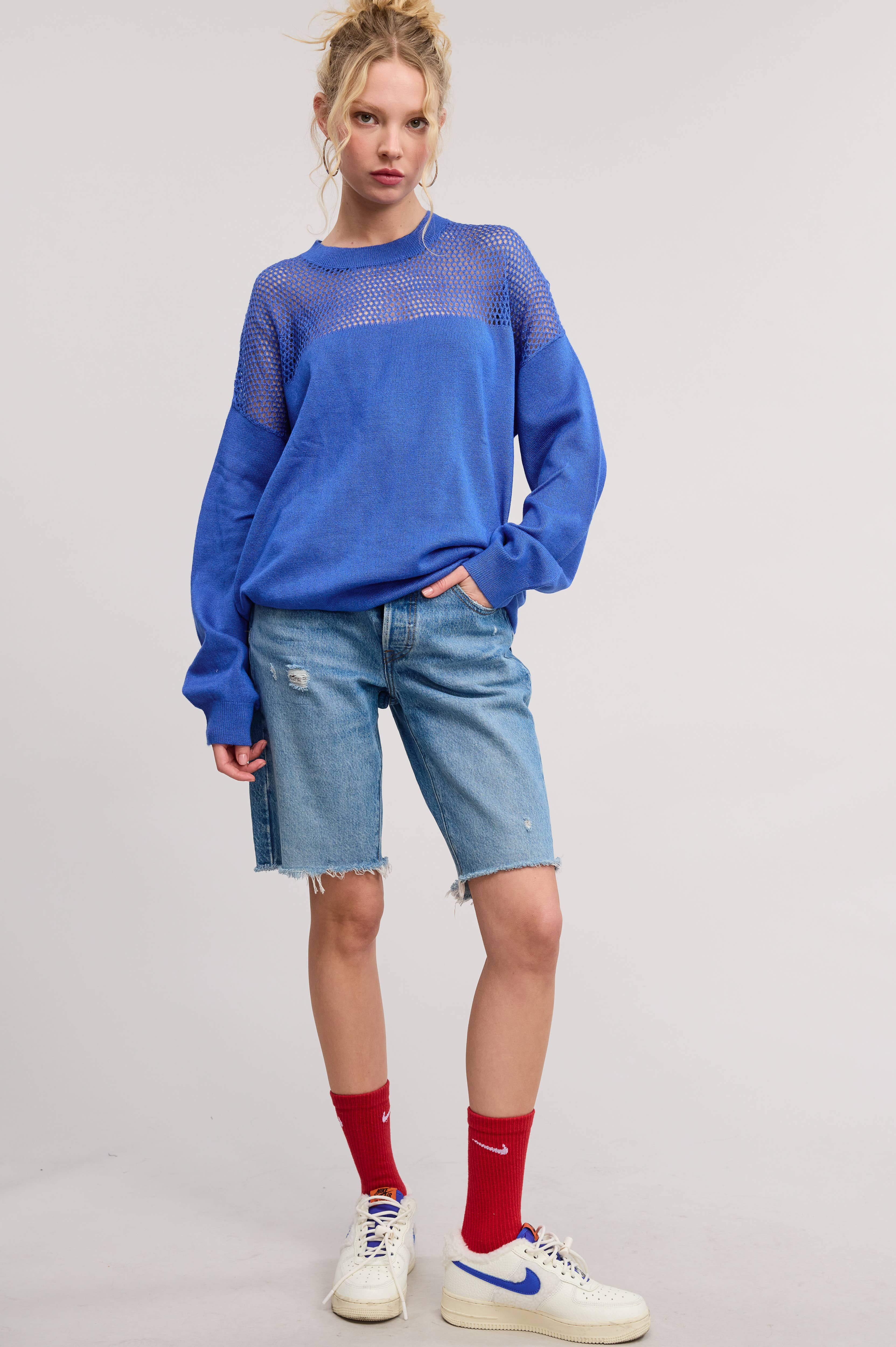 Mimosa - Wholesale Knit Sweater - Women's - Crochet Mesh Long Sleeve Knit Sweater1