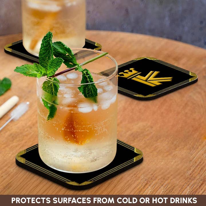 3dRose - Wholesale Coasters - 3dRose, King, queen crown, rich frame. Yellow on black. Alluring letter K, Coaster9