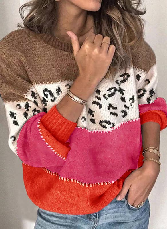Lily Clothing - Wholesale Knit Sweater - Women's - LEOPARD PRINT PATCHWORK FASHION KNIT PULLOVER11
