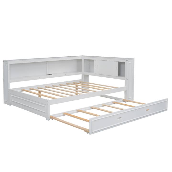 39F Inc. - Wholesale Bed - Full Size White Daybed with Storage Shelves USB and Trundle17